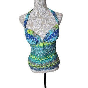 Island Escape Tankini Top Glam Aqua Print Halter Swim NWT Women's 10